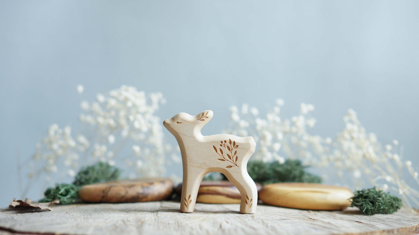 Wooden deer figurine set (3 pcs) - Fawn wooden figurine - Forest animals figurines set - Wooden figurine nursery decor - Made in the U.S.A