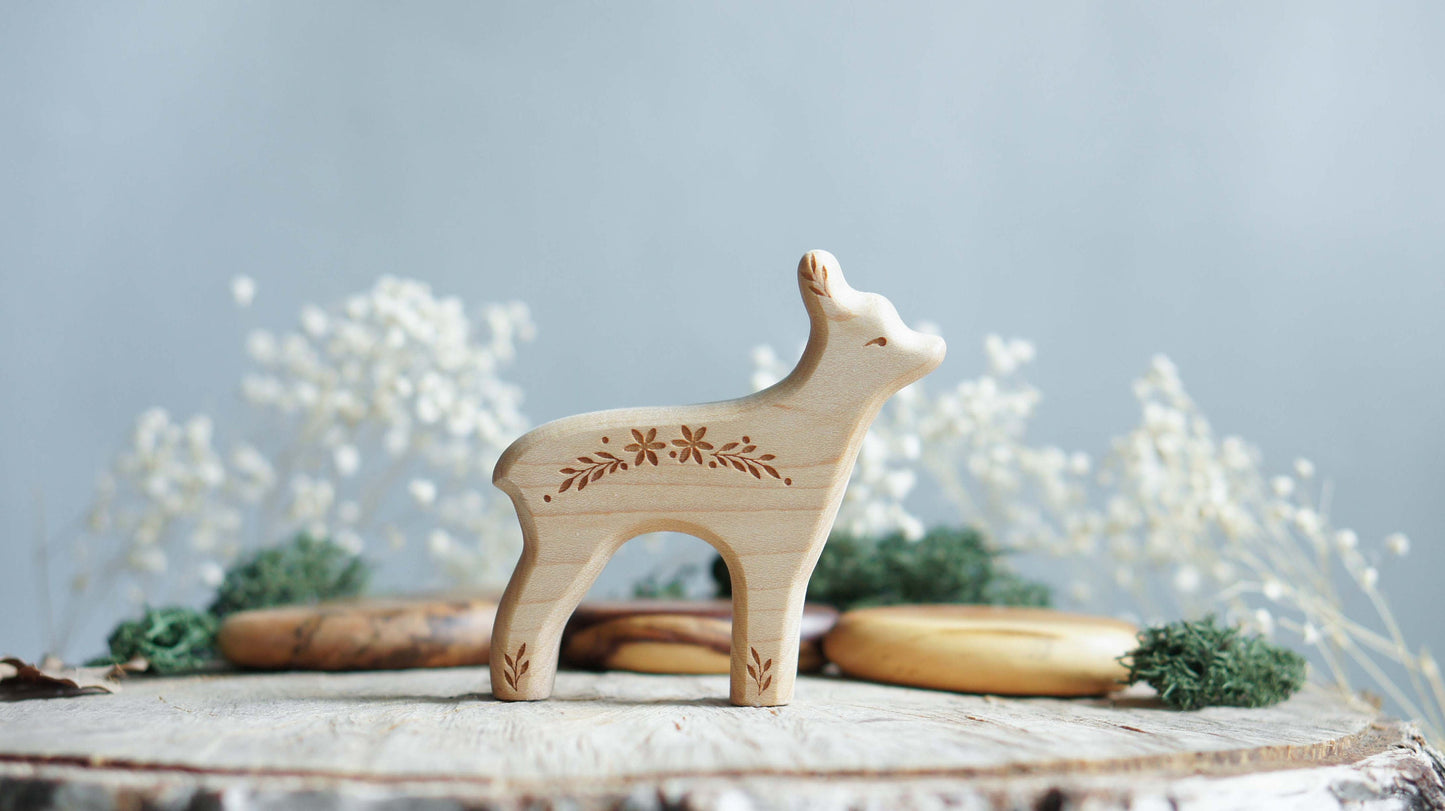 Wooden deer figurine set (3 pcs) - Fawn wooden figurine - Forest animals figurines set - Wooden figurine nursery decor - Made in the U.S.A