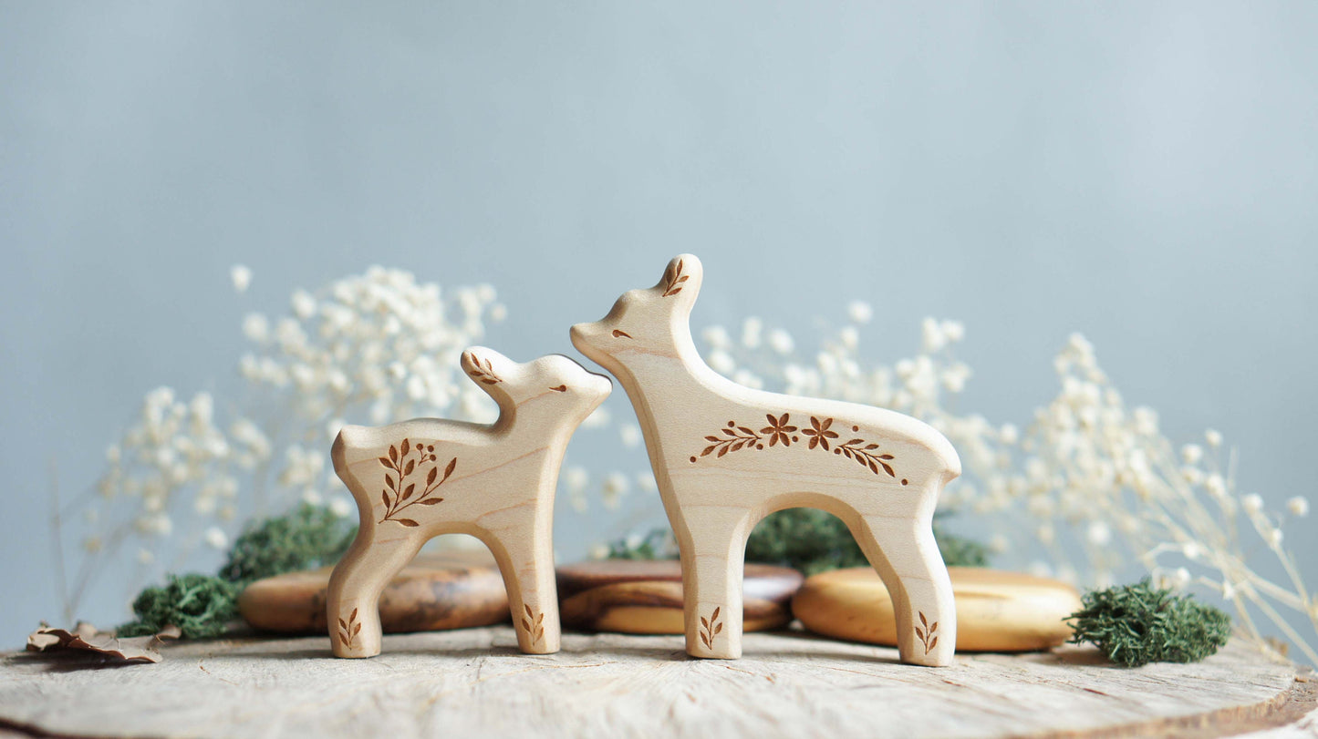 Wooden deer figurine set (3 pcs) - Fawn wooden figurine - Forest animals figurines set - Wooden figurine nursery decor - Made in the U.S.A