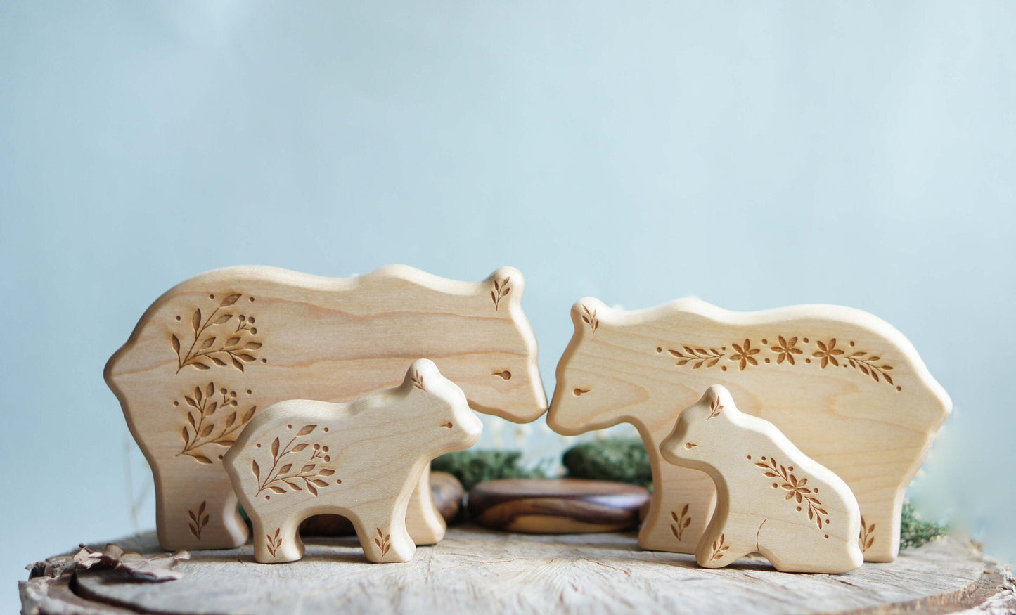 Wooden bear figurine set (4 pcs) - Forest animals figurines set - Wooden figurine nursery decor - Made in the U.S.A