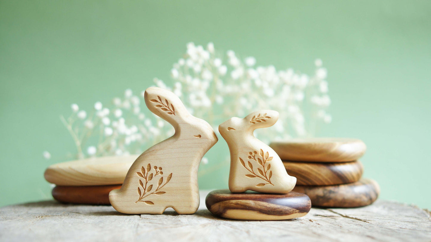 Bunny wooden figurine set 2 pcs - Wooden rabbit figurine - Wooden figurine nursery decor -  Made in the U.S.A