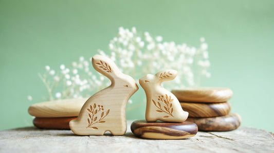 Bunny wooden figurine set 2 pcs - Wooden rabbit figurine - Wooden figurine nursery decor -  Made in the U.S.A