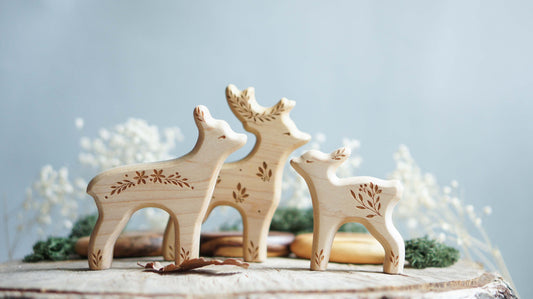 Wooden deer figurine set (3 pcs) - Fawn wooden figurine -  Forest animals figurines set - Wooden figurine nursery decor - Made in the U.S.A