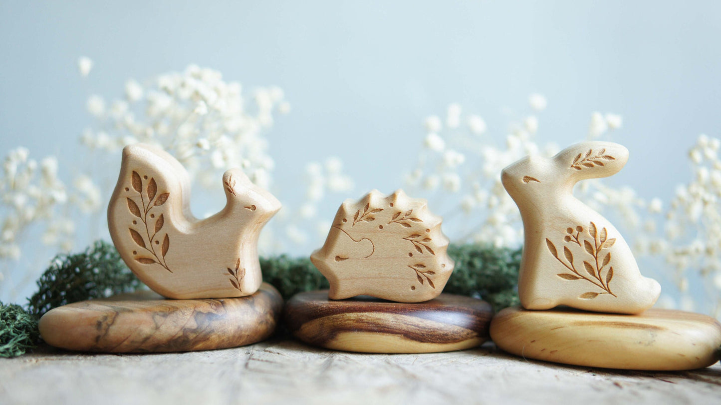 Wooden forest animal  figurine set (3 pcs) -  Wooden figurine animal squirrel, hedgehog, bunny -